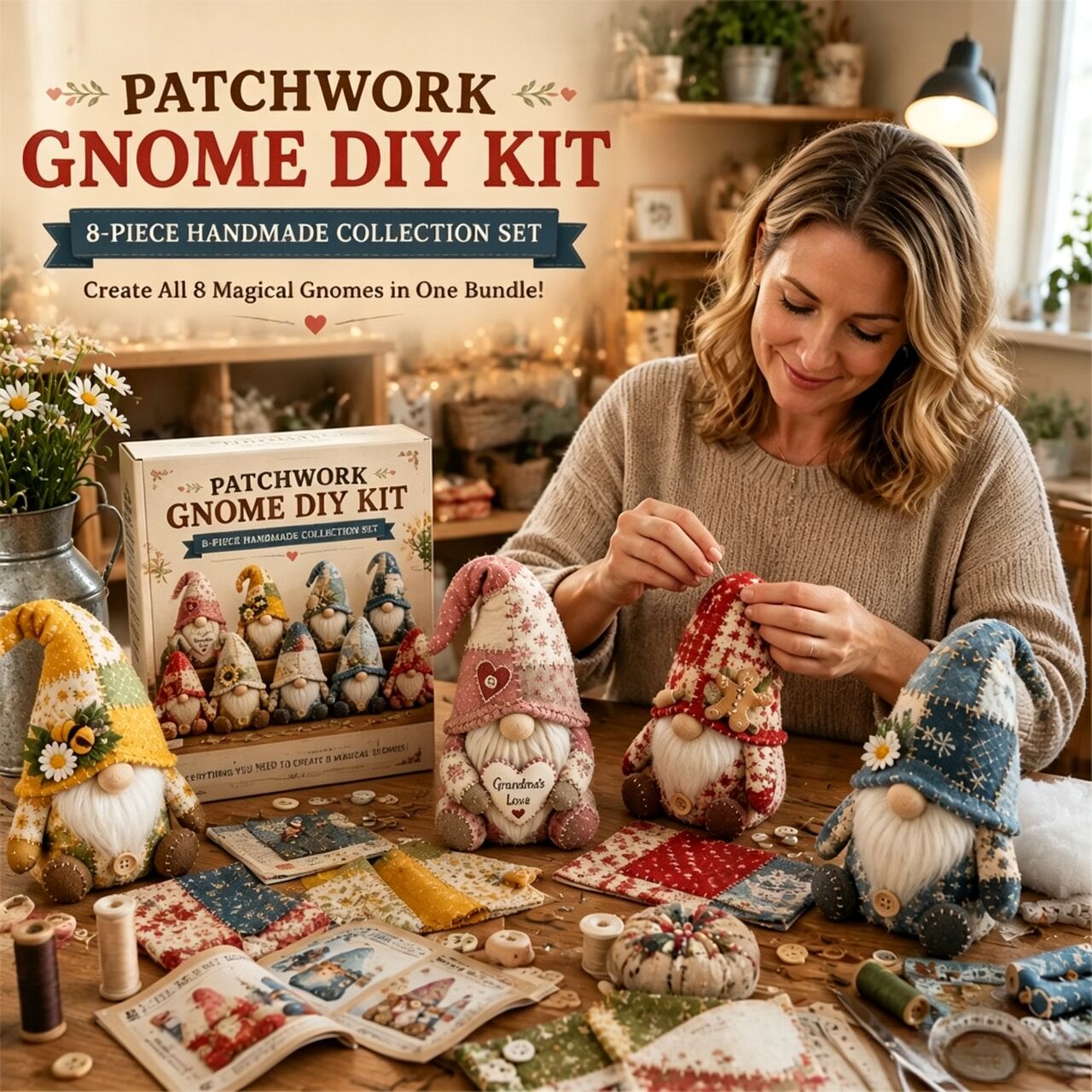Textile Sewing Kit - クリスマスパッチワークノームDIYソーイングキット、初心者向けプレカット生地クラフトセット、ヴィンテージホームオーナメント、心のこもった手作りギフト
