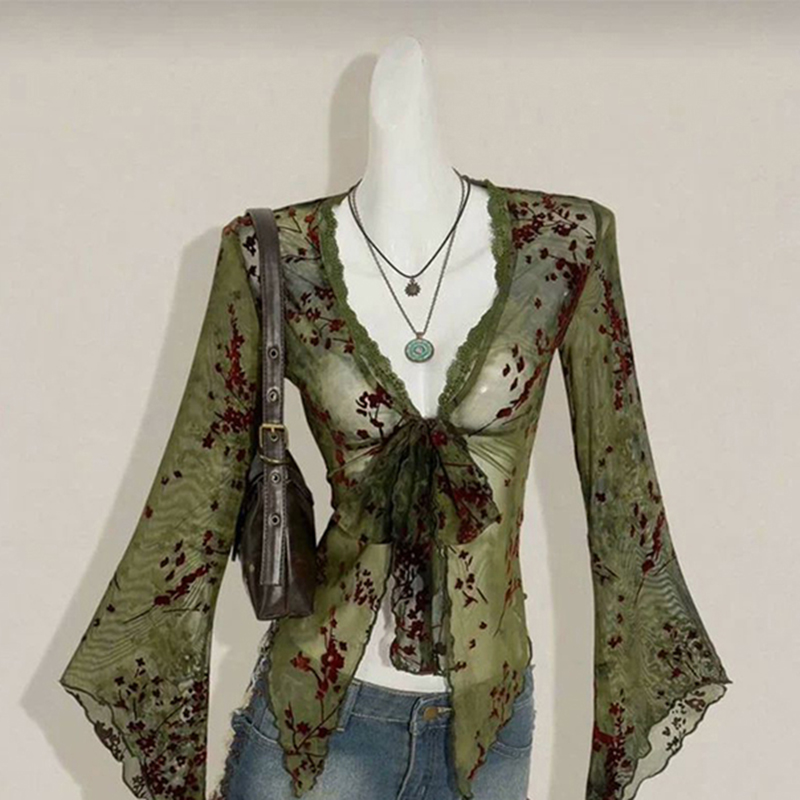 Sewing V - MEXZT ヴィンテージ花柄メッシュシャツ女性 Y2K 原宿セクシーな V ネック薄手包帯ブラウス夏休みフレア長袖トップス新