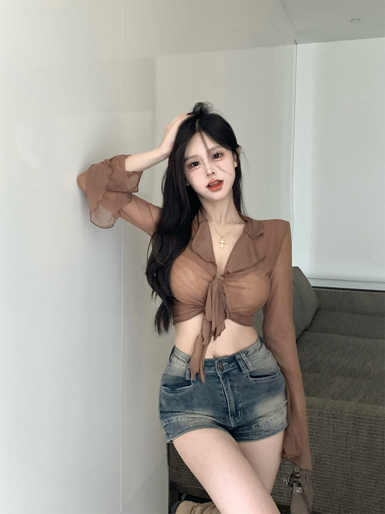 Sewing V - ロングフレアスリーブブラウス女性のためのレースアップメッシュセクシーな甘いホットガールズ韓国ファッションスタイルオールマッチソリッドデザインエレガントカジュアル