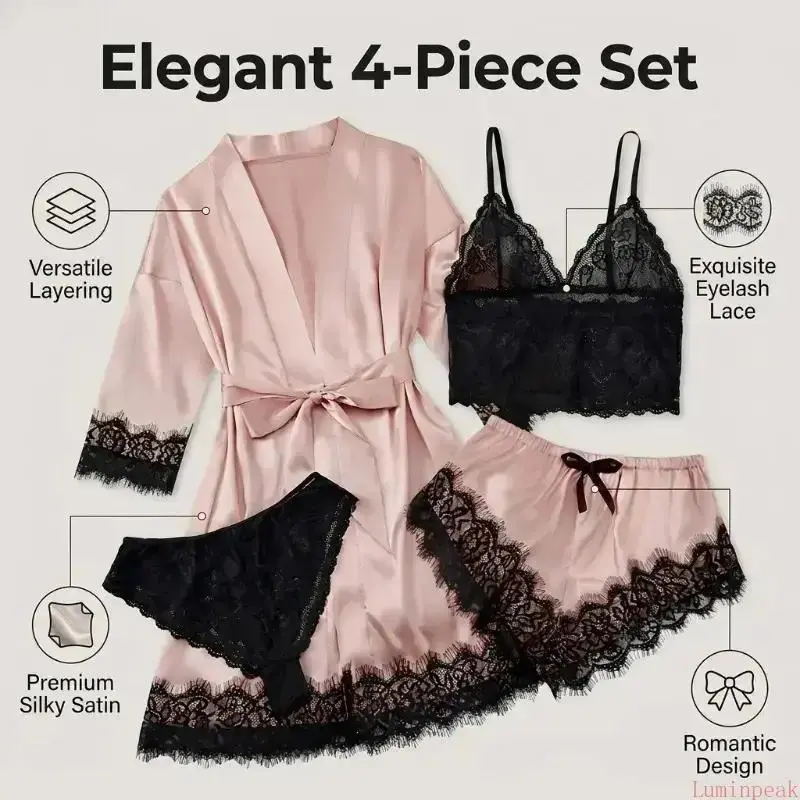 レディース サテンパジャマ4点セット - 半袖、セクシー、柔 - Sewing Cloth のレビューと価格