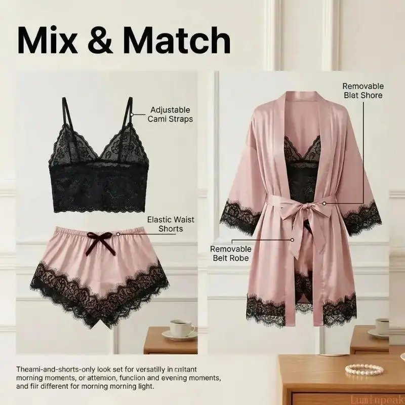 レディース サテンパジャマ4点セット - 半袖、セクシー、柔 - Sewing Cloth のレビューと価格
